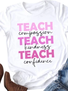 1pcs Teach Compassion Kindness Graphic Print T Shirt 220g Positive Message Women's Casual 100% Cotton Round Neck Tee Daily Relaxed Style - White - View 1