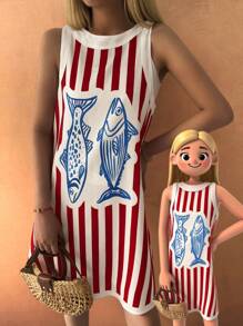 Sea Starshine Bohemian Vacation Summer Beach Casual Vacation Comfortable Women's Vintage Clashing Striped Fish Pattern Sleeveless Dresses Brunch Outfits For Women