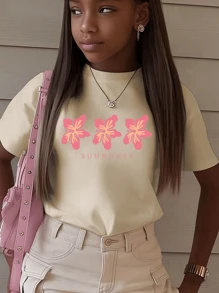1 Peça Camiseta de Manga Curta com Decote Redondo e Estampa Casual para Meninas e Adolescentes, Gráfico na Moda de Óculos de Sol em Inglês Estilo Legal para Uso de Estudante no Verão - Inspirando Imaginação e Autoexpressão