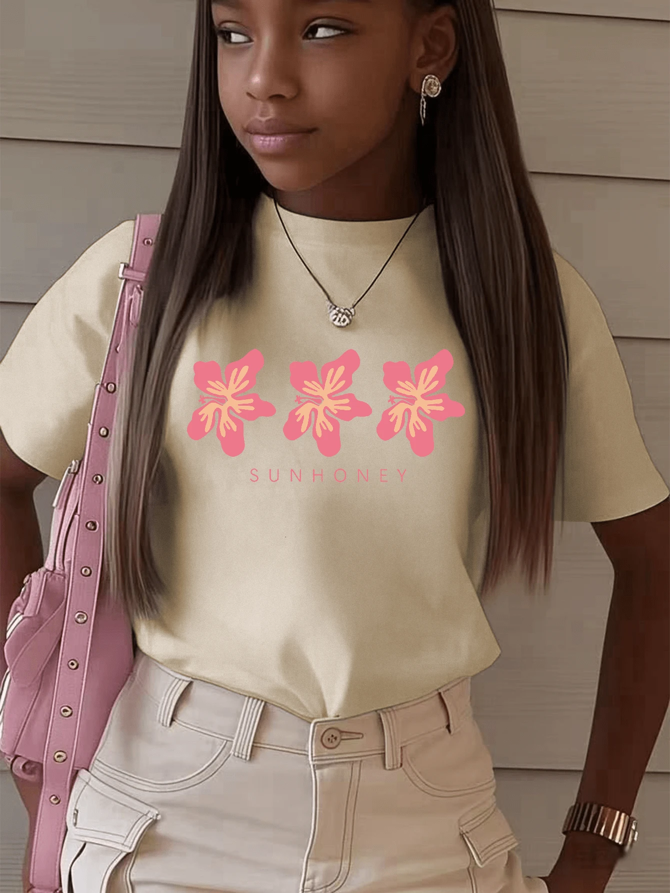 1 Peça Camiseta de Manga Curta com Decote Redondo e Estampa Casual para Meninas e Adolescentes, Gráfico na Moda de Óculos de Sol em Inglês Estilo Legal para Uso de Estudante no Verão - Inspirando Imaginação e Autoexpressão