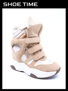 Women's Hidden Wedge High-Top Sneakers With Straps – Bold Chunky Streetwear Style - Beige - View 1