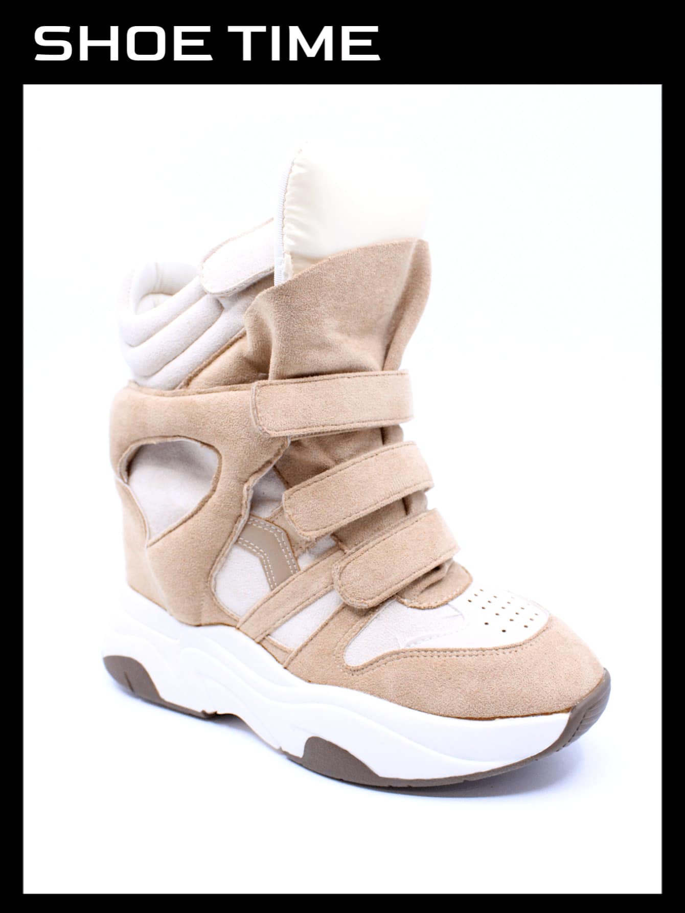Women's Hidden Wedge High-Top Sneakers With Straps – Bold Chunky Streetwear Style - Beige - View 1