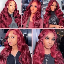 NARNI 34 Inch 99J Burgundy Lace Front Wig 250% Density 13x6 HD Transparent Lace Frontal Human Hair Wigs Glueless Body Wave Human Hair Wig Red Wine 99J Colored Pre Plucked With Baby Hair For Women - S99J - 查看 10