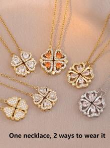 1pc Premium Stainless Steel Necklace, Four Leaf Clover & Heart Locket Design, Versatile Wear, Unique & , Suitable As Gift For Friends - Silver - View 8