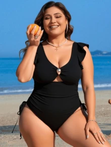 Swim Lushoire 1 件大码女式黑色连体泳衣，性感夏日度假泳装 - 黑色 - 查看 4