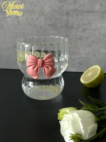 <Tỏa sáng rực rỡ với từng chiếc nơ hồng>, Cốc sọc trang trí nơ trong suốt 300ml, thích hợp để uống nước và cà phê hàng ngày - Nhiều màu - Xem 5