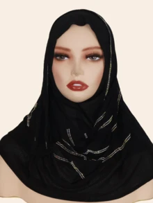 1pc Women's Knitted Jacquard Elastic Fabric Long Scarf, Wave Pattern Rhinestone Crafted Hijab Headscarf, Malaysian Style