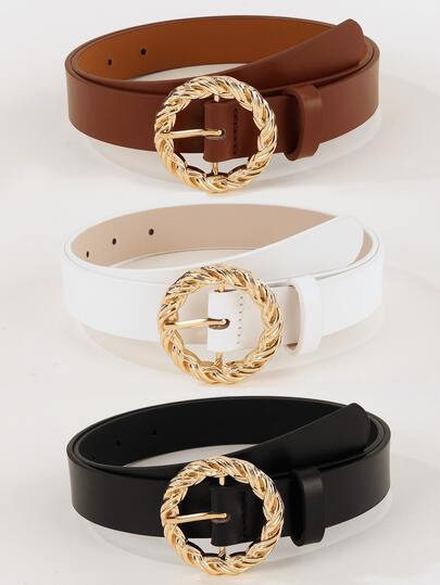 Belt buckles 3PCS Gold Round Buckle Women's PU Leather Belt, Fashionable And Elegant Waist Belt For Daily Wear, Dresses, T-Shirts And Casual Pants