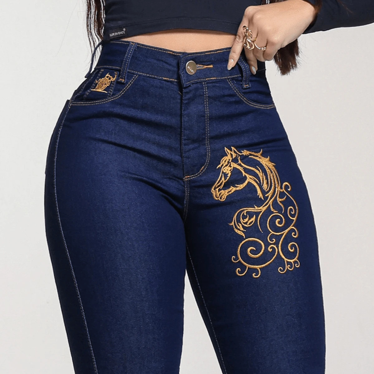 Women's Country Flare Embroidered Jeans Boiadeira With Elastane High Waist Rodeio Muladeira Reinforced Fabric Premium Flaer - 深色刺繡喇叭褲 - 查看 1