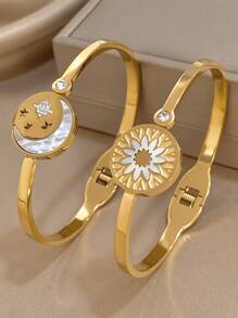 18K 镀金不锈钢浪漫金色月亮星星太阳花朵手镯镶嵌锆石，优雅可叠戴珠宝，适合女士和女孩，妈妈礼物，返校礼物，万圣节礼物，夏季旅行海滩珠宝，波西米亚风格珠宝，狂欢/舞会/派对/日常配饰，生日礼物