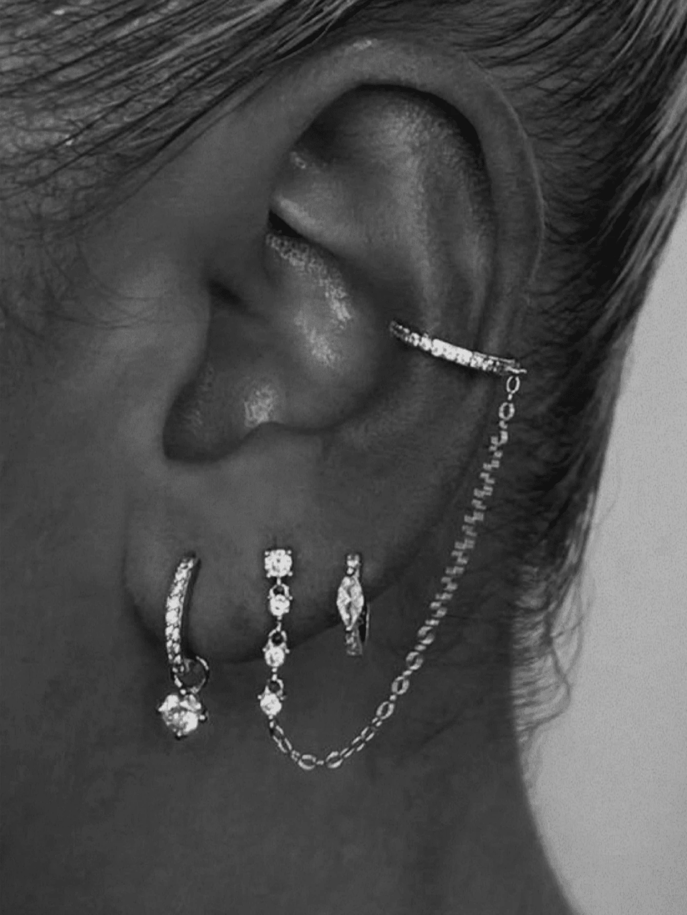 3pcs/Set Delicate Cubic Zirconia Earring Chain Clip-On Stud Earrings For Women, Daily & Party Jewelry (Quantity Suitable For One Ear) - Silver - View 1