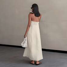Womens Linen Wrap Dress Backless Maxi Sleeveless Two Colors Ivory And Linen Beige Beach Wedding Guest Dress High Waist Vacation Long Dress - 米色 - 查看 7