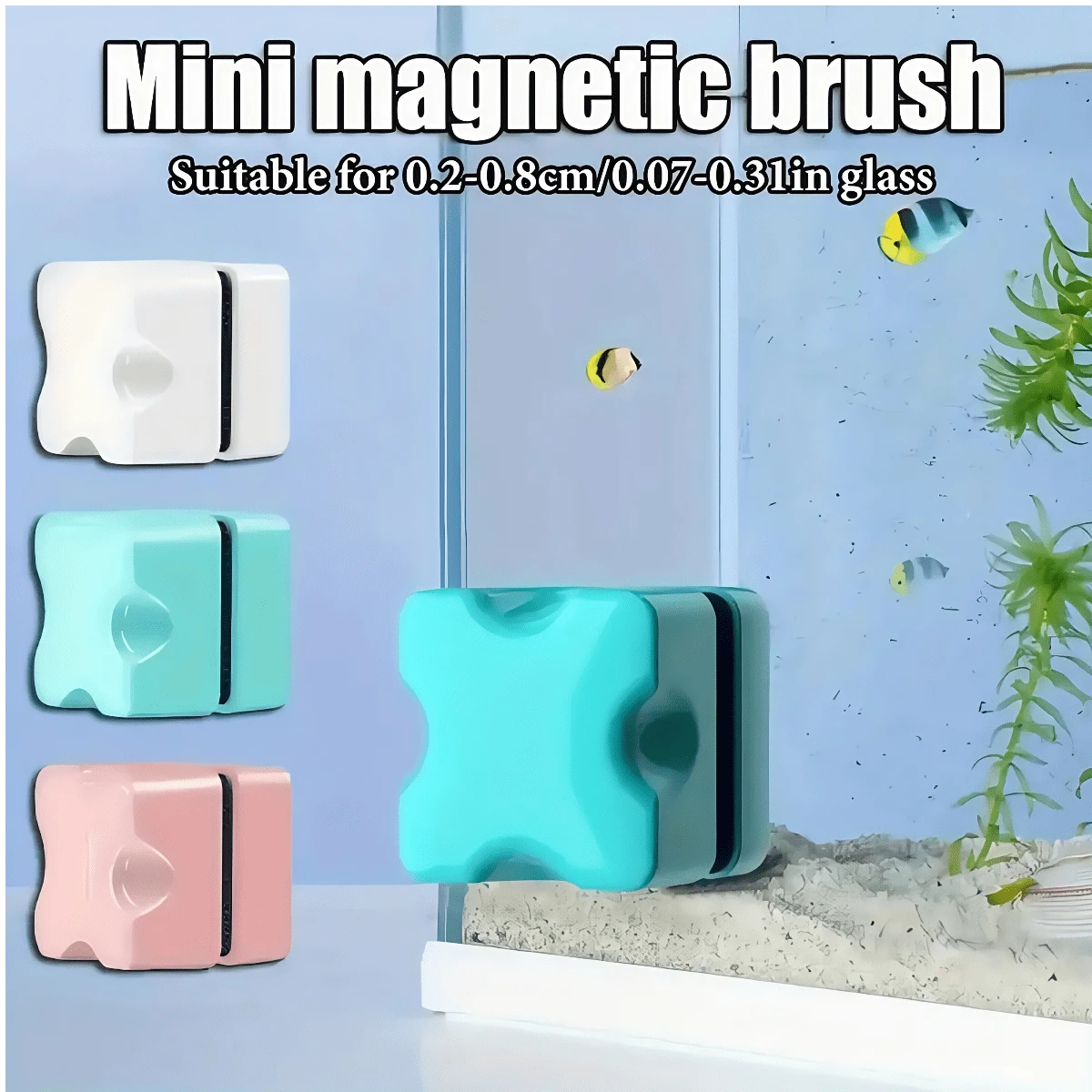 1个超强磁性鱼缸玻璃清洁器，配有1.2英寸迷你清洁垫和藻类刮刀。防滑防刮，专为去除漂浮物而设计。这款鱼缸清洁工具适用于厚度为2-8毫米（0.08-0.31英寸）的鱼缸。