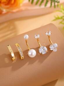 5pcs/Set Faux Pearl Gold-Color Belly Button Rings, Stainless Steel Double Heart Zirconia Embedded Navel Piercing Jewelry For Daily Wear
