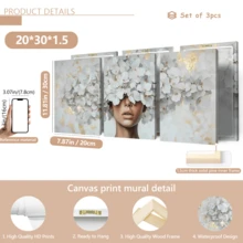 3pcs/Set Vintage Canvas Wall Art, Elegant Lady Wearing Floral Crown, White Flowers Accented With Gold Foil, Vertical, Rustic Style, Available With Or Without Frame, Suitable For Room Decor, Home Decor, Dorm, College Apartment, Also An Ideal Gift For Hotel, Home, Living Room, Bedroom, Bathroom And Office Wall Decoration - Multicolor - View 14