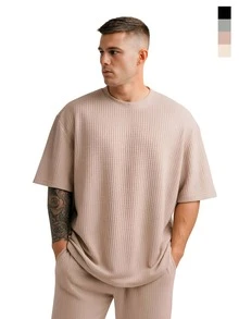 Men's Oversized Textured Casual Basic Plain Premium T-Shirt - Beige - View 1
