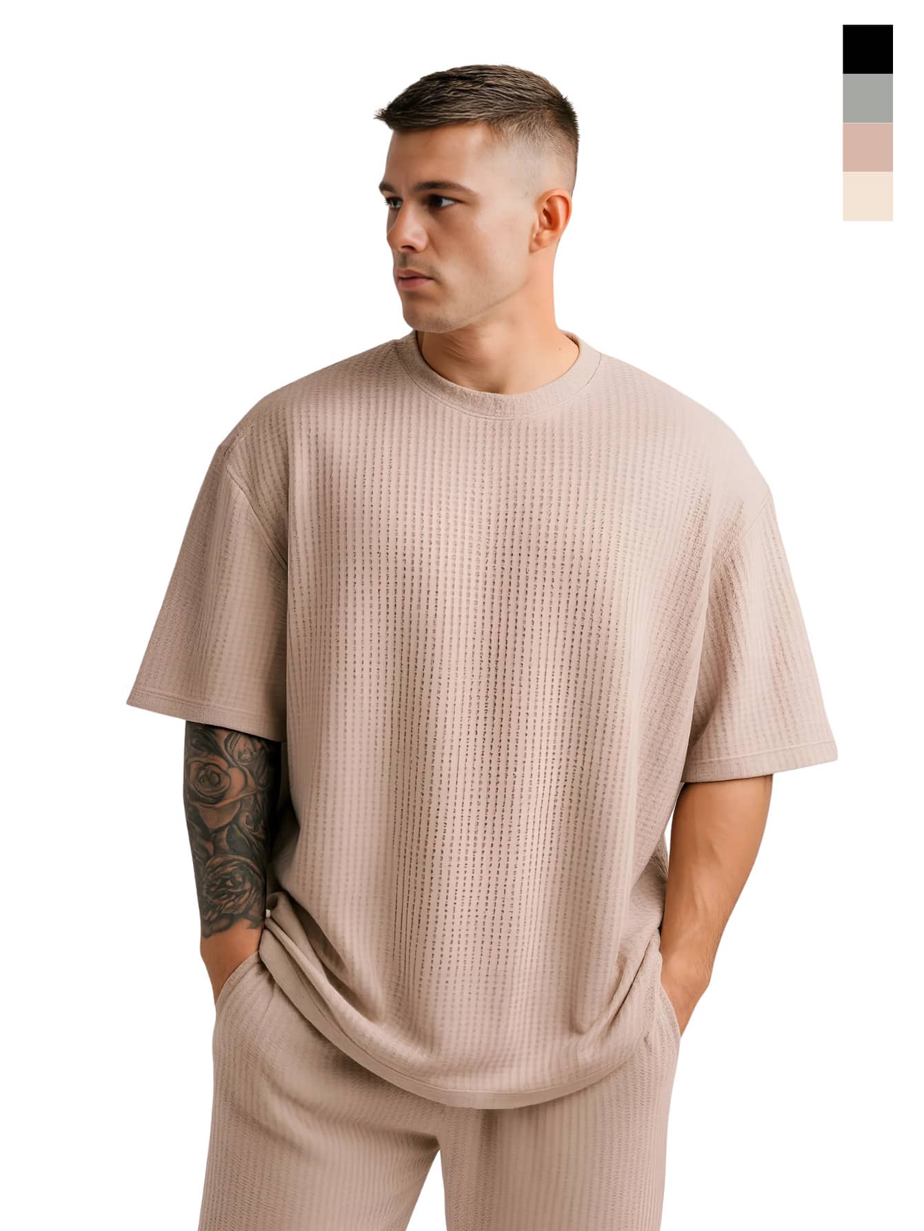 Men's Oversized Textured Casual Basic Plain Premium T-Shirt - Beige - View 1