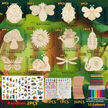288-Piece Wooden Crafts Set, Insect And Animal Theme One Includes 36 Wood Boards, 202 Gems, 12 Watercolor Pens And 2 Stickers, DI Crafts Set For Kids, Wooden Crafts Supplies Set For All Seasons