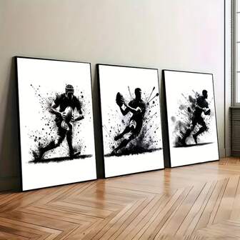 3 Piezas de Arte de Pared de Rugby en Lienzo Negro, Póster Deportivo de Rugby, Regalo de Rugby, Decoración del Hogar para la Sala de Estar, Marco de Madera Opcional