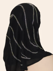 1pc Women's Knitted Jacquard Elastic Fabric Long Scarf, Wave Pattern Rhinestone Crafted Hijab Headscarf, Malaysian Style