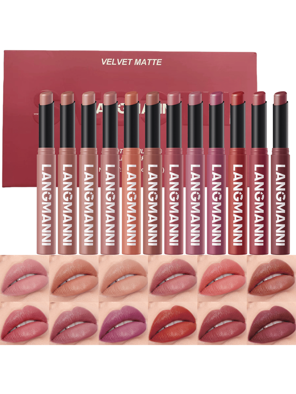 12Pcs Velvet Matte Lipstick Nude Matte Soft Dark Color Stick High Pigmented Long-Lasting Lip Stick Lip Balm Beauty Cosmetics Gift For Girls And Women