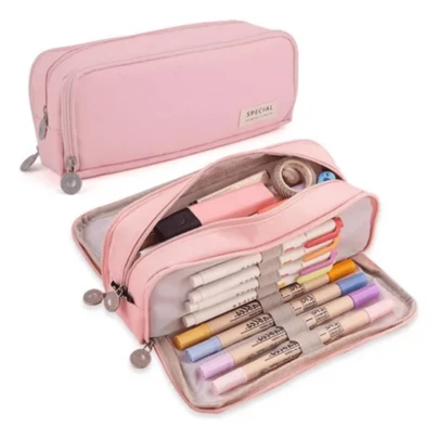 Lapiceras escolares doble capa gran capacidad estuche color rosa, organizador lápices y útiles escolares, diseño práctico resistente, material fácil limpieza, ideal primaria secundaria oficina