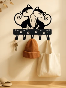 1 pieza Estante de almacenamiento con diseño de dos gatos negros lindos, con ganchos de pared, llavero, gancho decorativo de gato, gancho de hierro para colgar en la pared, adecuado para la decoración del hogar moderno