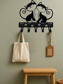 1 pieza Estante de almacenamiento con diseño de dos gatos negros lindos, con ganchos de pared, llavero, gancho decorativo de gato, gancho de hierro para colgar en la pared, adecuado para la decoración del hogar moderno