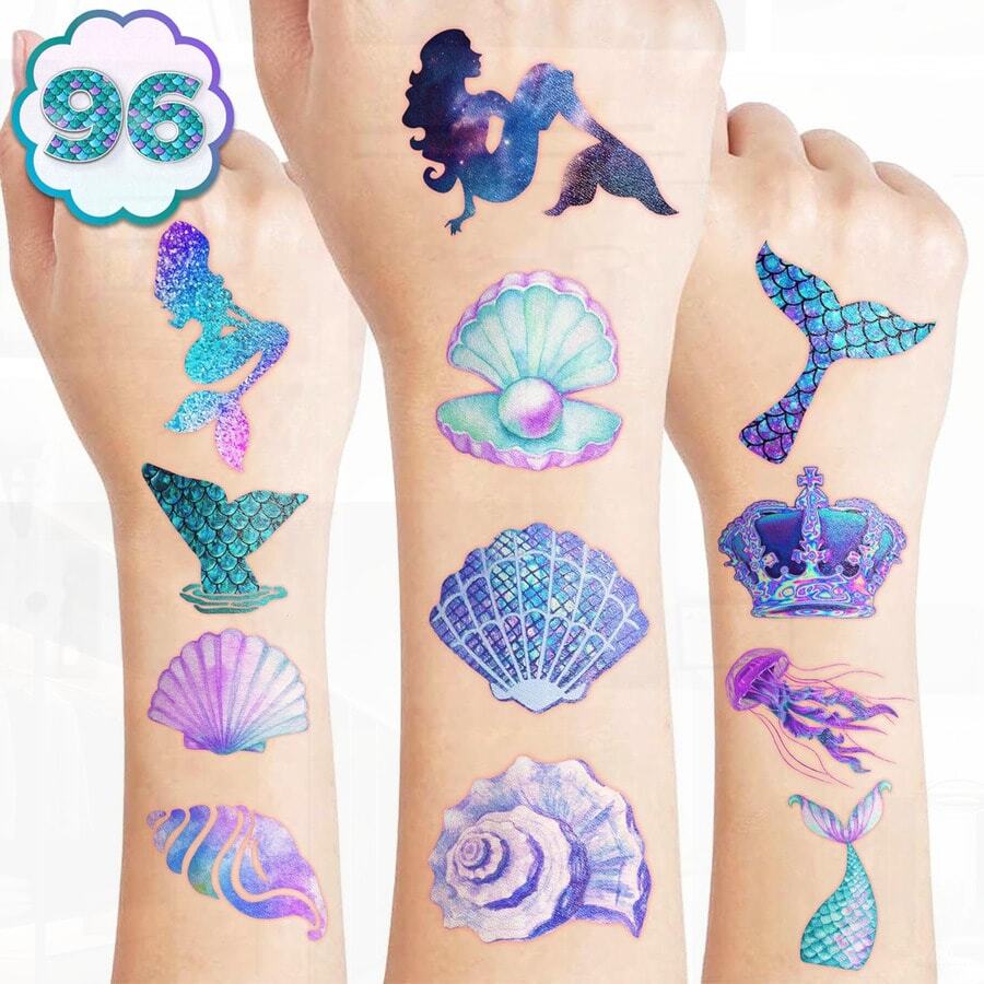96PCS Mermaid Pre-Cut Temporary Tattoos - For Kids, Under The Sea Party Favors, Ocean Mermaid Birthdays, School Rewards & Baby Showers (Normal)
