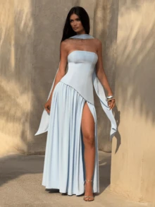 Váy xòe bồng bềnh hở vai gợi cảm thanh lịch, váy dự tiệc - Màu xanh nhạt - Xem 10