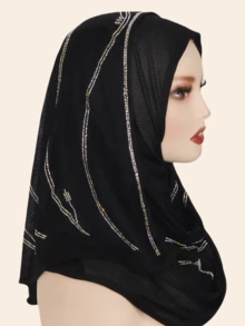 1pc Women's Knitted Jacquard Elastic Fabric Long Scarf, Wave Pattern Rhinestone Crafted Hijab Headscarf, Malaysian Style