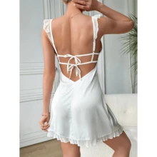 Women's Satin Nightgown, Sexy V-Neck Halter Neck Sleep Dress With Applique Detail, 90% Polyester 10% Elastane, All-Season Woven Solid Color Pajamas, Allseason Pajamas|Sleek Satin Finish|Delicate Applique, Lingerie Sleepwear - 白色 - 查看 4