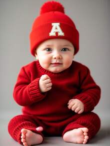 Gorro de tricô para recém-nascido com estampa de 26 letras, ideal para outono/inverno, para crianças e bebês de 0 a 5 anos. Pode ser usado como acessório, gorro infantil ou como presente de aniversário. - Vermelho - Ver 4
