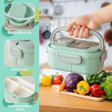 1200ML双层韩式带隔层午餐盒，可微波炉加热。这是一个带叉子和勺子的午餐盒，由PP材质制成（不含双酚A）。它适合学生和上班族随身携带，非常适合户外野餐、露营、旅行、上班、度假、毕业，也可以作为礼物送给朋友和亲戚返校季,早餐盒,燕麦