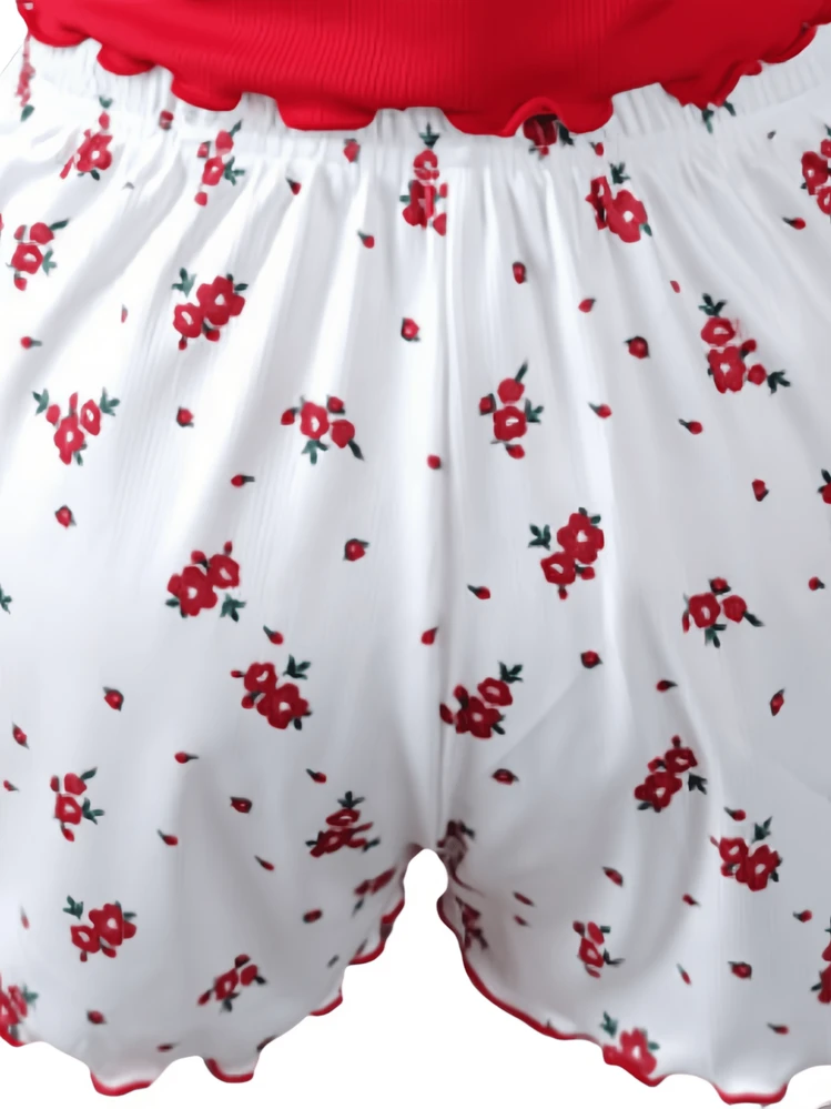 Women's Sexy Ribbed Two Piece Pajama Sets ,Halloween Costumes Includes Camisole Top And Shorts Floral Contrast Lace Bow Cute Sleeveless Short For Home