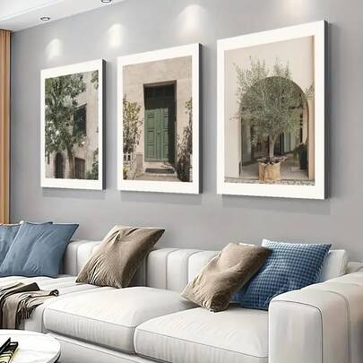 3 件现代简约意大利城市风景油画 - 绿色橄榄树可选木框壁画，非常适合装饰客厅、卧室和家庭办公室
