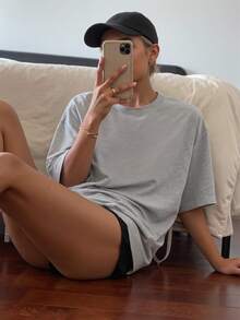 大码女式圆领短袖纯色简约休闲T恤，浅灰色T恤，日常百搭，春夏 - 淺灰色 - 查看 4