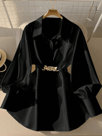 女士金属链腰带灯笼袖长袖衬衫，优雅时尚