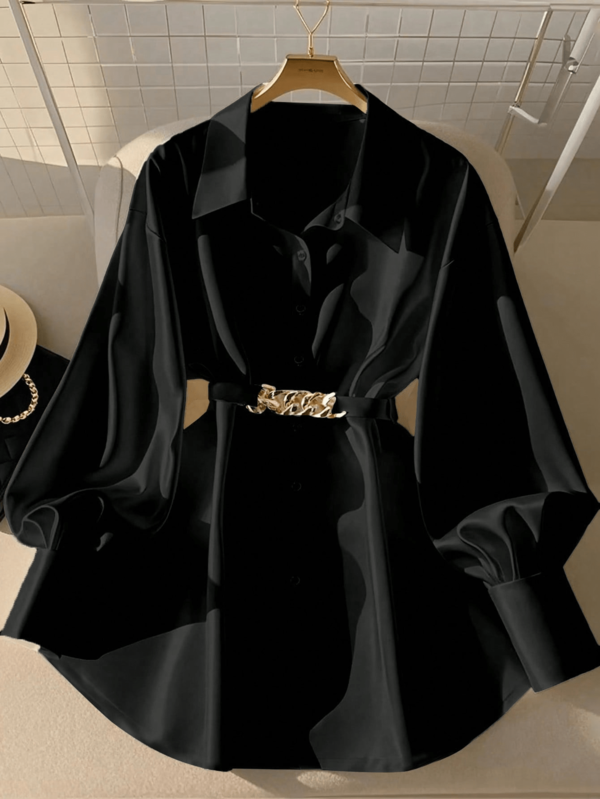 Camisa de manga larga con mangas de linterna y cinturón de cadena metálica para la cintura, elegante y de moda para mujer