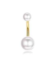 5pcs/Set Faux Pearl Gold-Color Belly Button Rings, Stainless Steel Double Heart Zirconia Embedded Navel Piercing Jewelry For Daily Wear