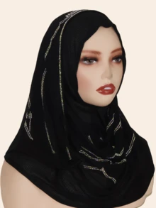 1pc Women's Knitted Jacquard Elastic Fabric Long Scarf, Wave Pattern Rhinestone Crafted Hijab Headscarf, Malaysian Style