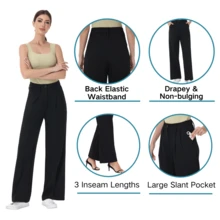 Women's Petite/Regular/Tall 3 Lengths Wrinkle-Free Flowy Office Dress Pants Slacks Breathable Workout Casual Wide Leg Stretchy High Waist Business Trousers - 黑色 - 查看 4