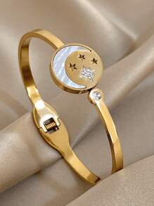 18K 镀金不锈钢浪漫金色月亮星星太阳花朵手镯镶嵌锆石，优雅可叠戴珠宝，适合女士和女孩，妈妈礼物，返校礼物，万圣节礼物，夏季旅行海滩珠宝，波西米亚风格珠宝，狂欢/舞会/派对/日常配饰，生日礼物