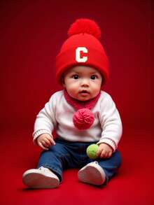 Gorro de tricô para recém-nascido com estampa de 26 letras, ideal para outono/inverno, para crianças e bebês de 0 a 5 anos. Pode ser usado como acessório, gorro infantil ou como presente de aniversário. - Vermelho - Ver 3