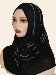 1pc Women's Knitted Jacquard Elastic Fabric Long Scarf, Wave Pattern Rhinestone Crafted Hijab Headscarf, Malaysian Style