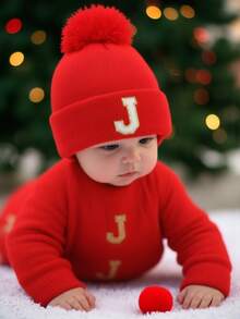 Gorro de tricô para recém-nascido com estampa de 26 letras, ideal para outono/inverno, para crianças e bebês de 0 a 5 anos. Pode ser usado como acessório, gorro infantil ou como presente de aniversário. - Vermelho - Ver 6