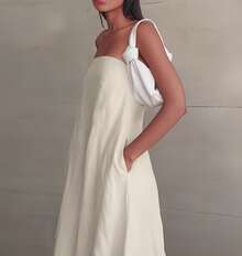 Womens Linen Wrap Dress Backless Maxi Sleeveless Two Colors Ivory And Linen Beige Beach Wedding Guest Dress High Waist Vacation Long Dress - 米色 - 查看 5