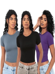 Moderna & Slim Kit 3: Women's Baby Tee: Slim Fit Short Sleeve Blouse - 1 Negro 1 Gris 1 Violeta - Ver 1