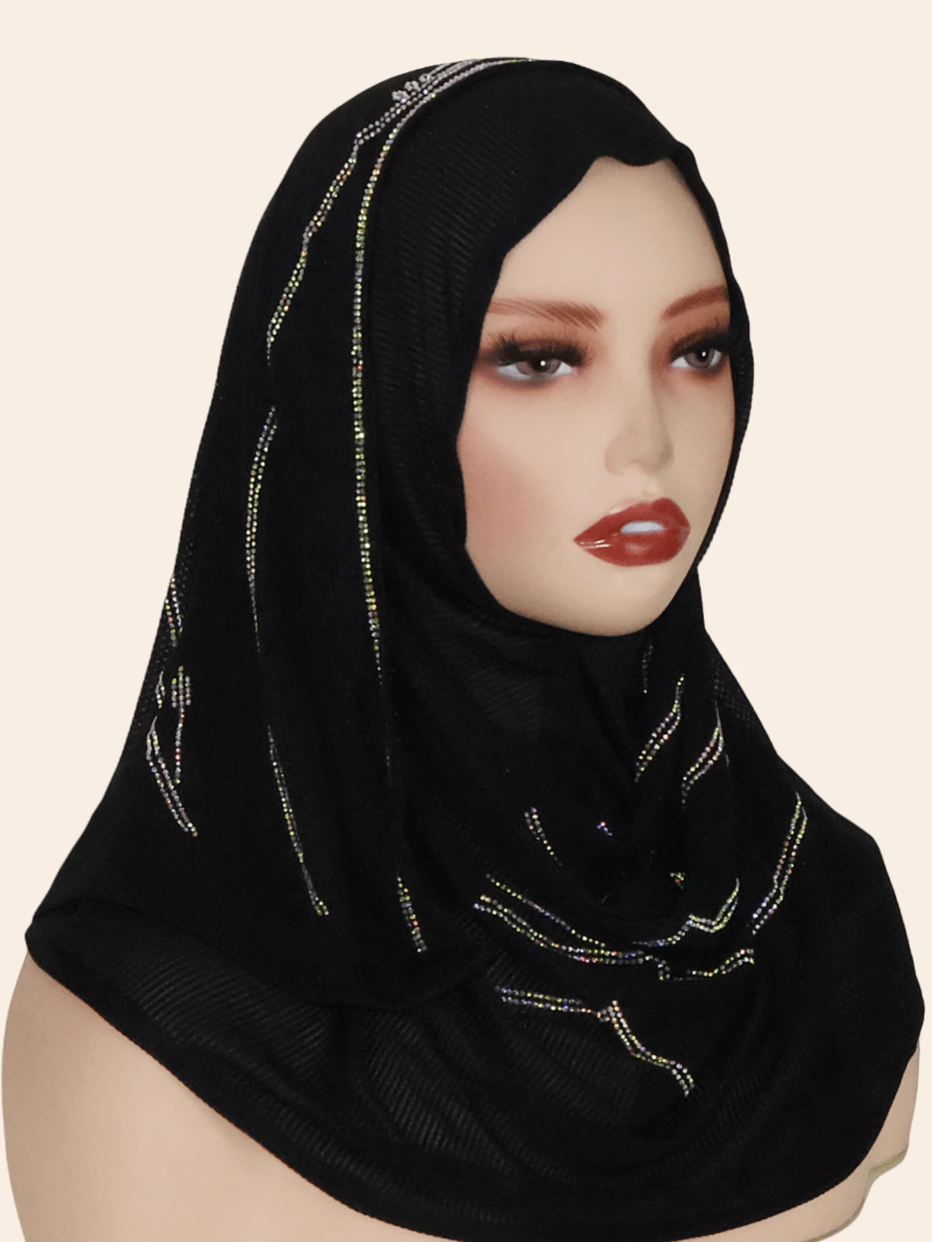 1pc Women's Knitted Jacquard Elastic Fabric Long Scarf, Wave Pattern Rhinestone Crafted Hijab Headscarf, Malaysian Style