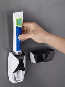 2 Pieces Set Wall-Mounted Toothbrush Holder With Automatic Toothpaste Dispenser, Holds 5 Toothbrushes, No Power Needed, Plastic Material, Bathroom Accessory - Multicolor - View 2